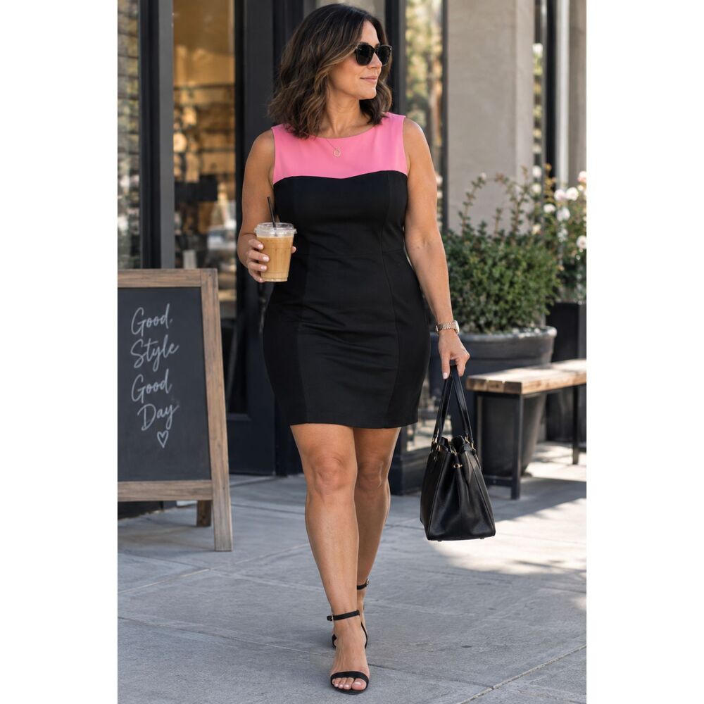 Connected Apparel Size 12 Black Pink Sleeveless Sheath Dress Side Zip